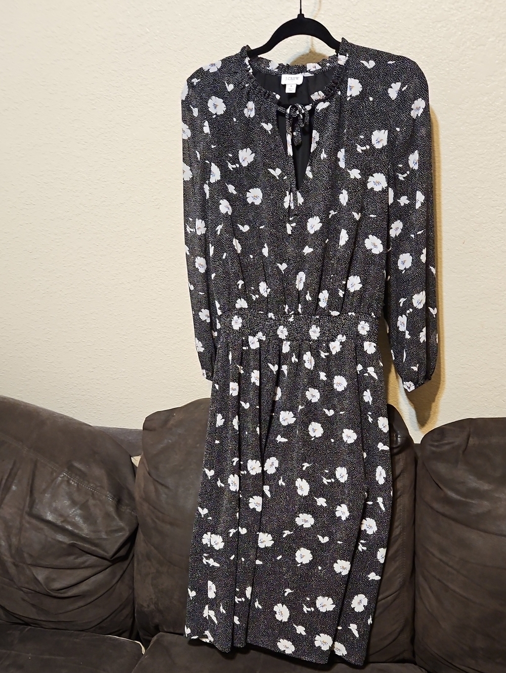 J. Crew Black Floral Tie-Neck Long Sleeve Dress